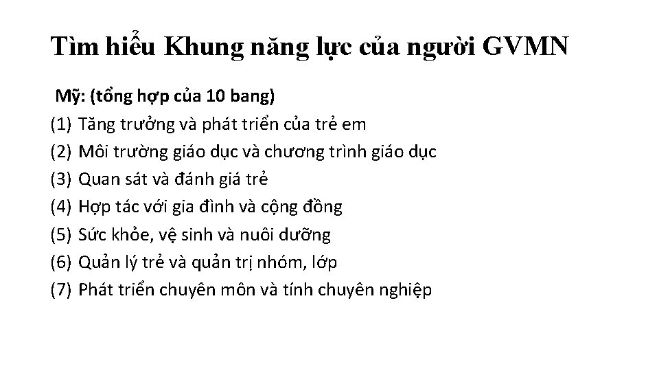 Tìm hiểu Khung năng lực của người GVMN Mỹ: (tổng hợp của 10 bang)