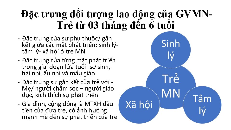 Đặc trưng đối tượng lao động của GVMNTrẻ từ 03 tháng đến 6 tuổi