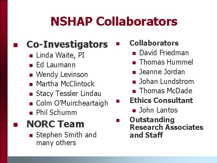 NSHAP Collaborators n Co-Investigators n n n n Linda Waite, PI Ed Laumann Wendy