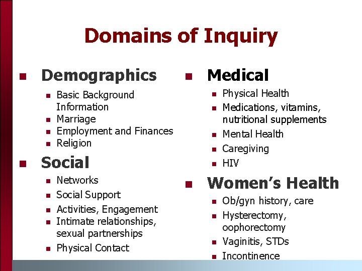 Domains of Inquiry n Demographics n n n Basic Background Information Marriage Employment and