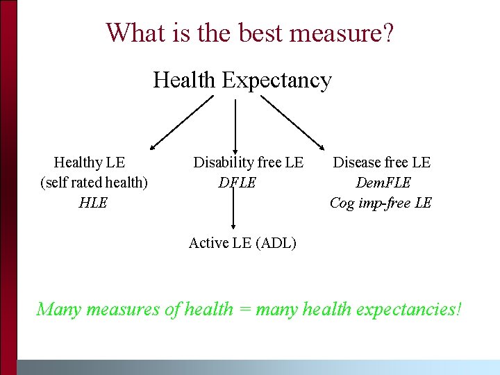 What is the best measure? Health Expectancy Healthy LE (self rated health) HLE Disability