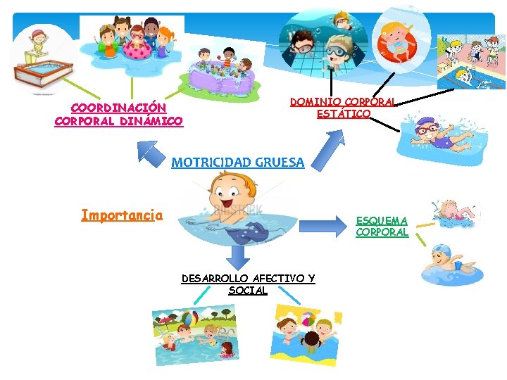 COORDINACIÓN CORPORAL DINÁMICO DOMINIO CORPORAL ESTÁTICO MOTRICIDAD GRUESA Importancia ESQUEMA CORPORAL DESARROLLO AFECTIVO Y