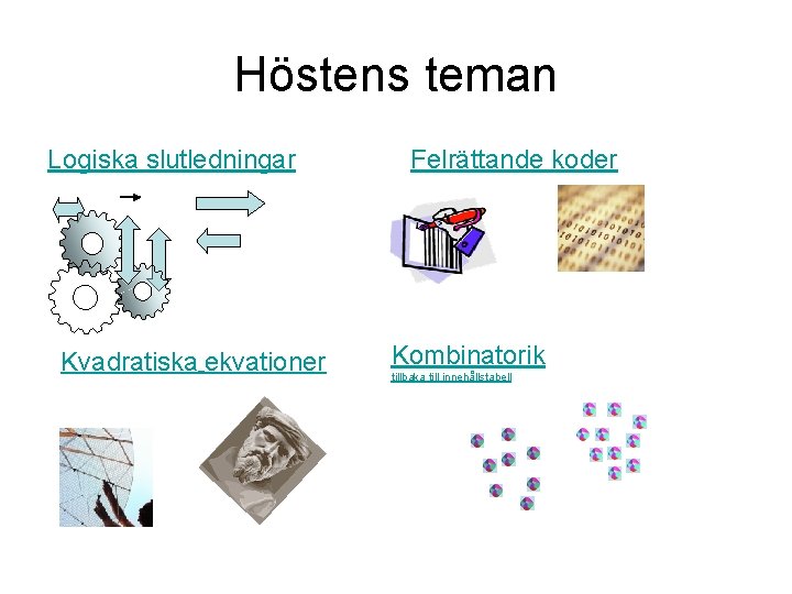 Höstens teman Logiska slutledningar Kvadratiska ekvationer Felrättande koder Kombinatorik tillbaka till innehållstabell 