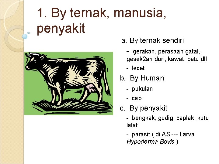 1. By ternak, manusia, penyakit a. By ternak sendiri - gerakan, perasaan gatal, gesek