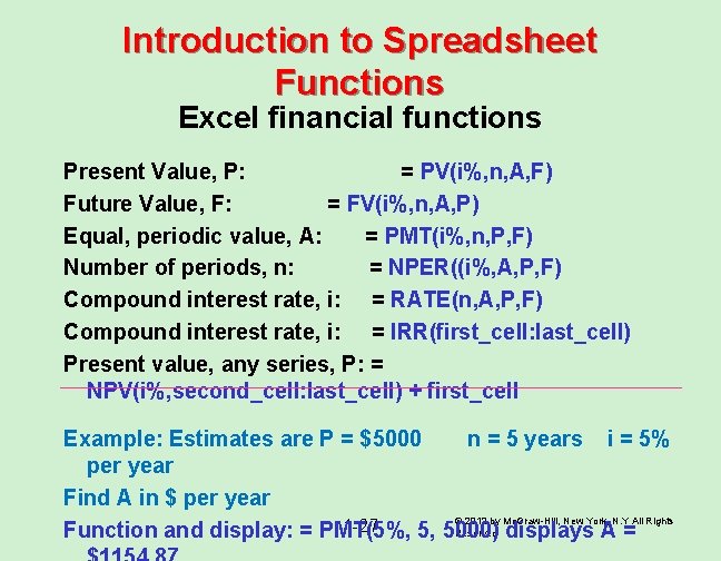 Introduction to Spreadsheet Functions Excel financial functions Present Value, P: = PV(i%, n, A,