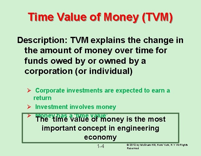 Time Value of Money (TVM) Description: TVM explains the change in the amount of