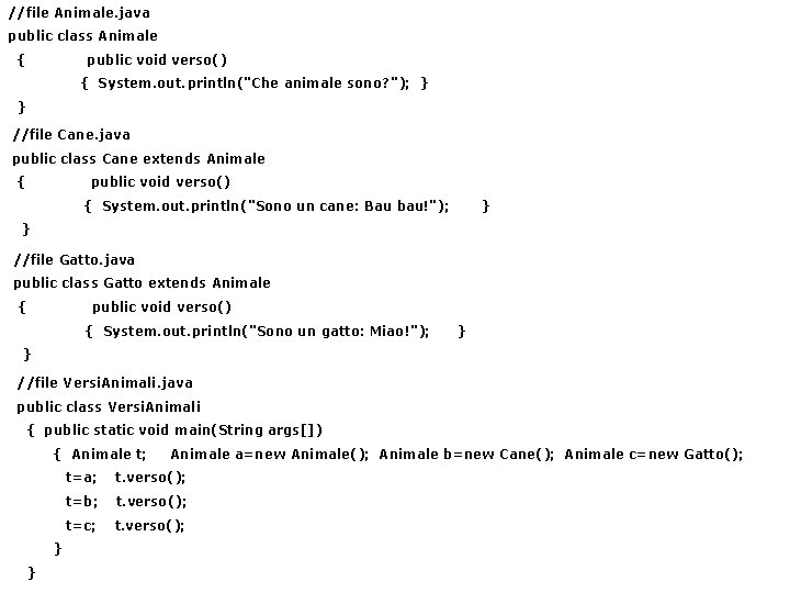 //file Animale. java public class Animale { public void verso() { System. out. println("Che