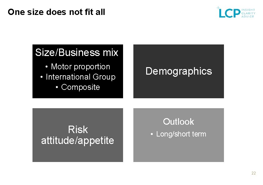 One size does not fit all Size/Business mix • Motor proportion • International Group