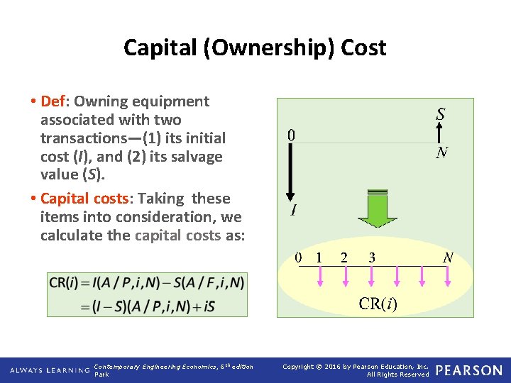Capital (Ownership) Cost • Def: Owning equipment associated with two transactions—(1) its initial cost