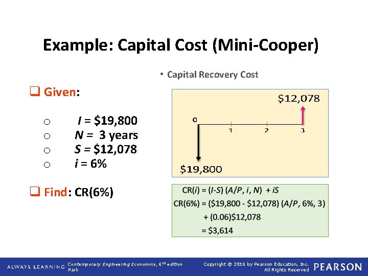 Example: Capital Cost (Mini-Cooper) • Capital Recovery Cost q Given: o o I =