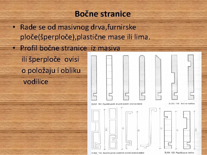 Bočne stranice • Rade se od masivnog drva, furnirske ploče(šperploče), plastične mase ili lima.