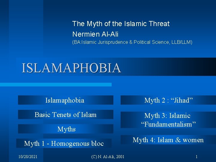 The Myth of the Islamic Threat Nermien Al-Ali (BA: Islamic Jurisprudence & Political Science,