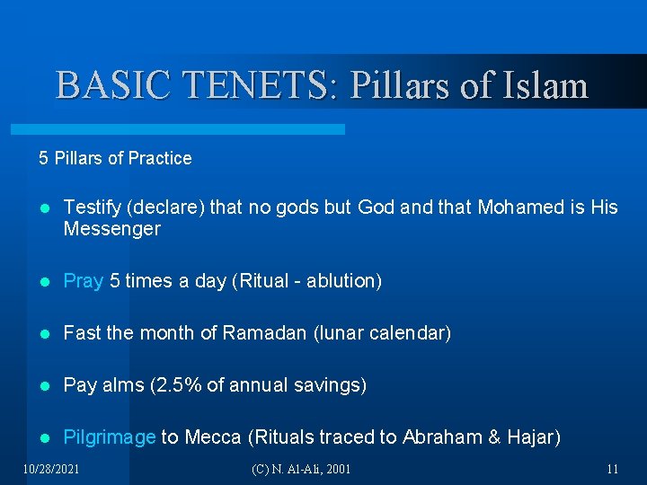 BASIC TENETS: Pillars of Islam 5 Pillars of Practice l Testify (declare) that no