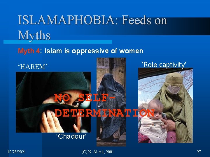 ISLAMAPHOBIA: Feeds on Myths Myth 4: Islam is oppressive of women ‘Role captivity’ ‘HAREM’