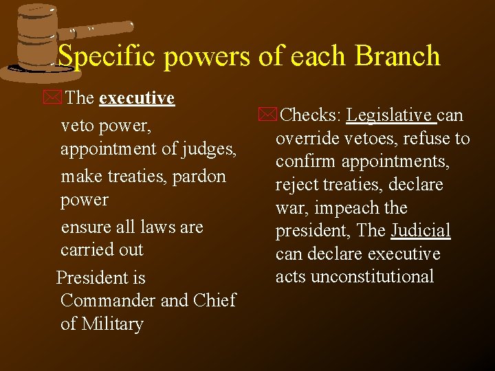 Specific powers of each Branch *The executive veto power, appointment of judges, make treaties,