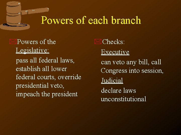 Powers of each branch *Powers of the Legislative: pass all federal laws, establish all