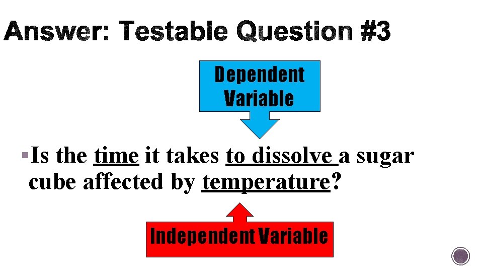 Dependent Variable §Is the time it takes to dissolve a sugar cube affected by