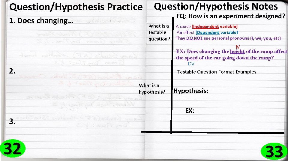 Question/Hypothesis Practice 1. Does changing… Question/Hypothesis Notes EQ: How is an experiment designed? What
