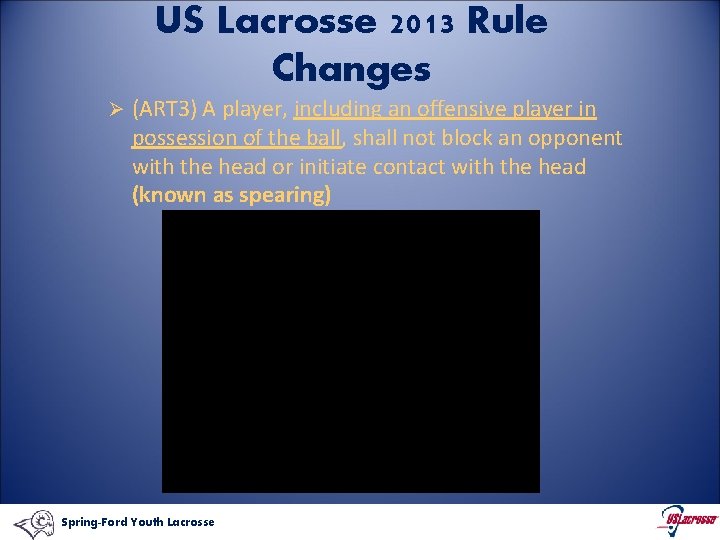 US Lacrosse 2013 Rule Changes Ø (ART 3) A player, including an offensive player