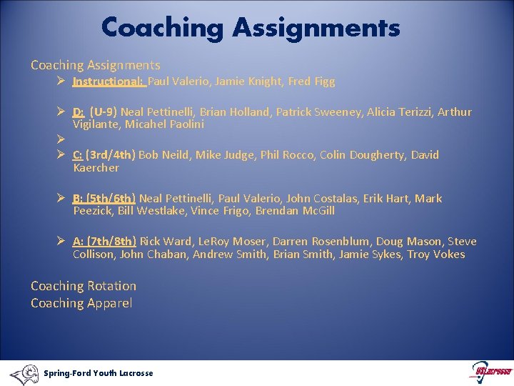 Coaching Assignments Ø Instructional: Paul Valerio, Jamie Knight, Fred Figg Ø D: (U-9) Neal