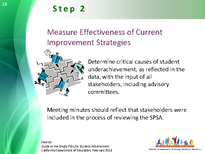 15 Step 2 Measure Effectiveness of Current Improvement Strategies Determine critical causes of student