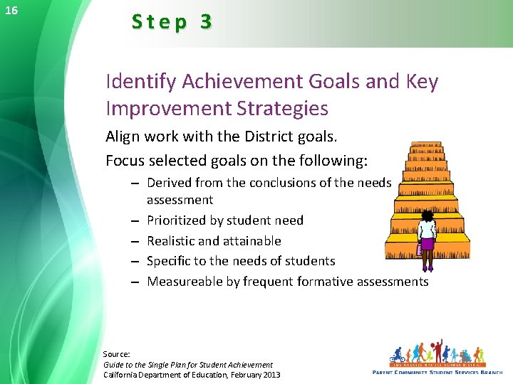 16 Step 3 Identify Achievement Goals and Key Improvement Strategies Align work with the
