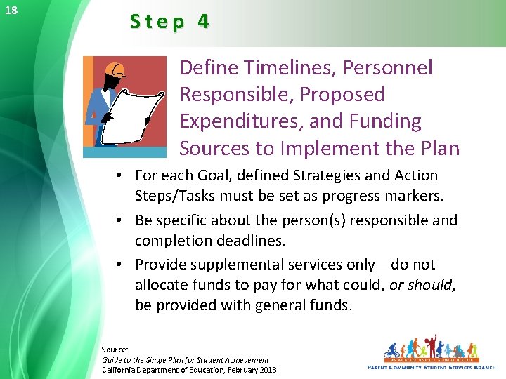 18 Step 4 Define Timelines, Personnel Responsible, Proposed Expenditures, and Funding Sources to Implement