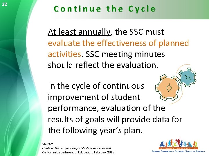 22 Continue the Cycle At least annually, the SSC must evaluate the effectiveness of