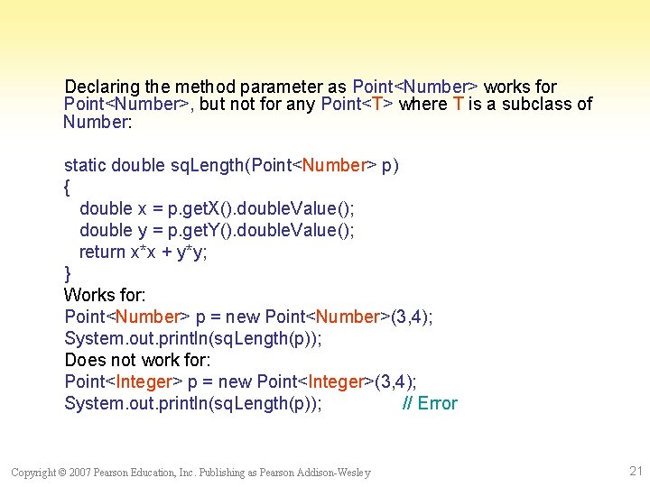 Declaring the method parameter as Point<Number> works for Point<Number>, but not for any Point<T>