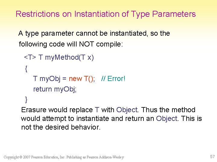 Restrictions on Instantiation of Type Parameters A type parameter cannot be instantiated, so the
