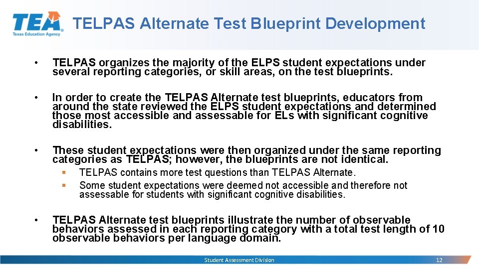 TELPAS Alternate Test Blueprint Development • TELPAS organizes the majority of the ELPS student