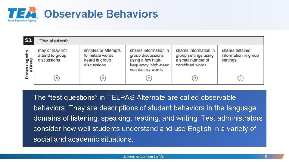 Observable Behaviors The “test questions” in TELPAS Alternate are called observable behaviors. They are