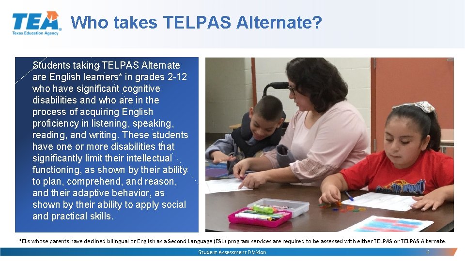 Who takes TELPAS Alternate? Students taking TELPAS Alternate are English learners* in grades 2