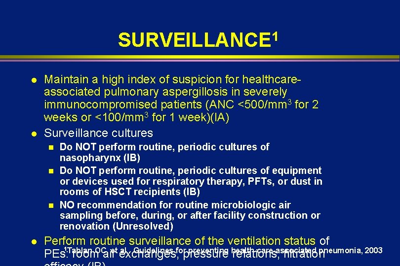 SURVEILLANCE 1 l l Maintain a high index of suspicion for healthcareassociated pulmonary aspergillosis