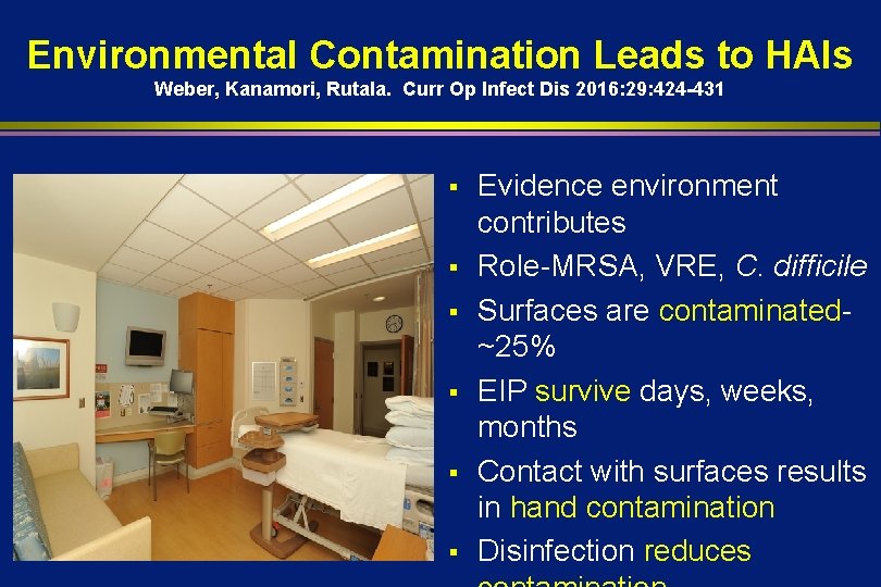 Environmental Contamination Leads to HAIs Weber, Kanamori, Rutala. Curr Op Infect Dis 2016: 29: