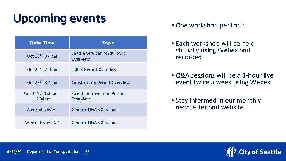 Upcoming events Date, Time Oct 19 th, 3 -4 pm Seattle Services Portal (SSP)