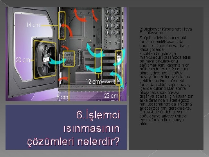 6. İşlemci ısınmasının çözümleri nelerdir? 2)Bilgisayar Kasasında Hava Sirkülasyonu Soğutma için kasanızdaki fanlar önemli!Kasanızda