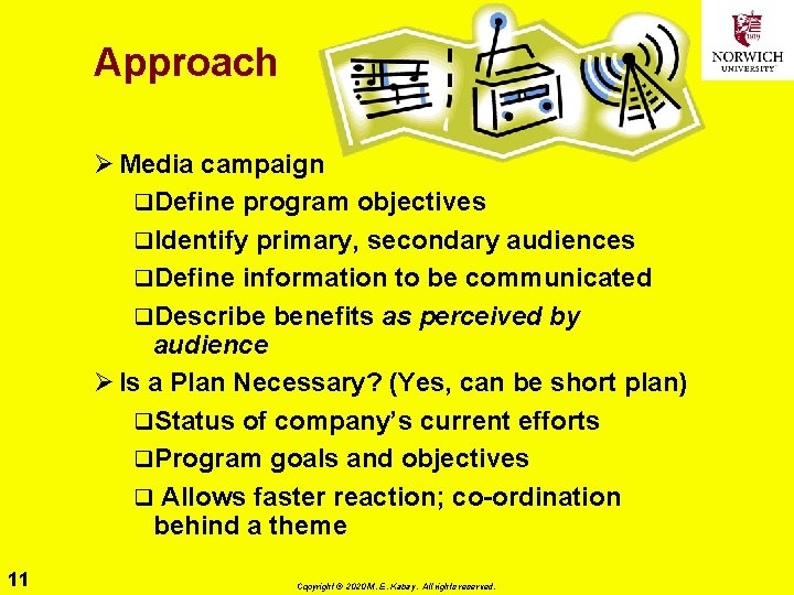 Approach Ø Media campaign q. Define program objectives q. Identify primary, secondary audiences q.