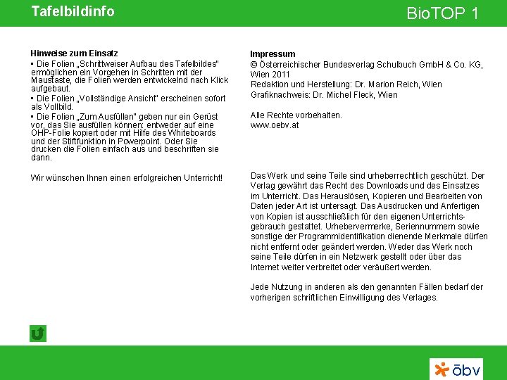 Tafelbildinfo Bio. TOP 1 Hinweise zum Einsatz • Die Folien „Schrittweiser Aufbau des Tafelbildes“