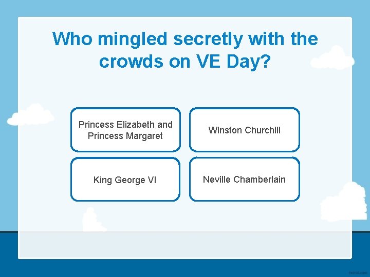 Who mingled secretly with the crowds on VE Day? Princess Elizabeth and Princess Margaret