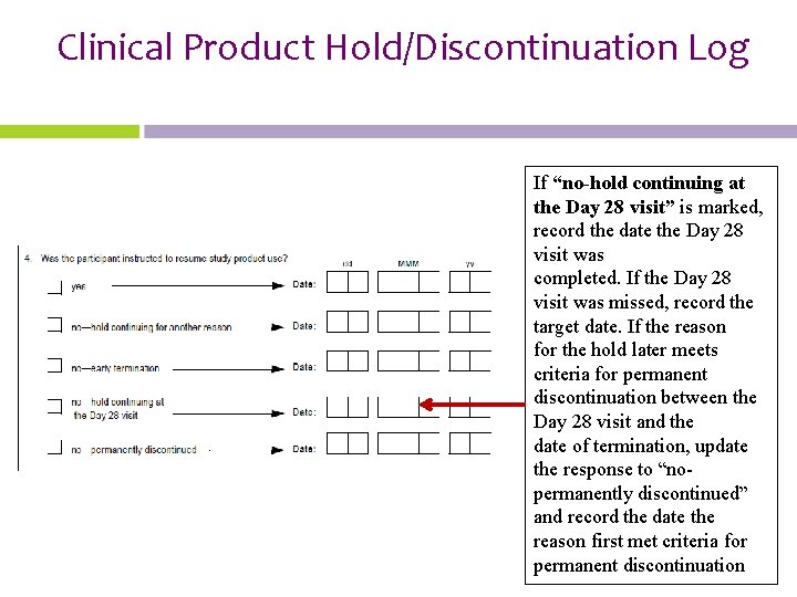 Clinical Product Hold/Discontinuation Log If “no-hold continuing at the Day 28 visit” is marked,