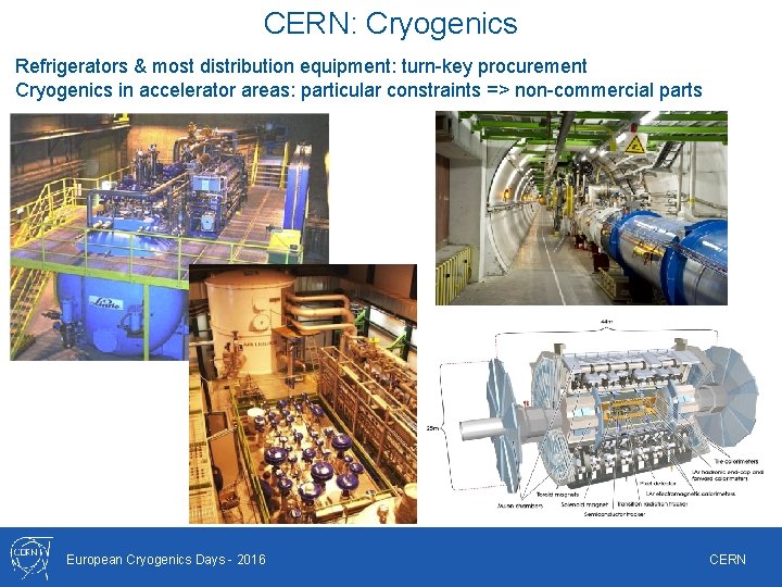 CERN: Cryogenics Refrigerators & most distribution equipment: turn-key procurement Cryogenics in accelerator areas: particular CERN: Cryogenics Refrigerators & most distribution equipment: turn-key procurement Cryogenics in accelerator areas: particular