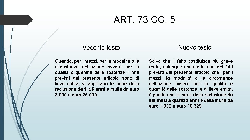 ART. 73 CO. 5 Vecchio testo Quando, per i mezzi, per la modalità o