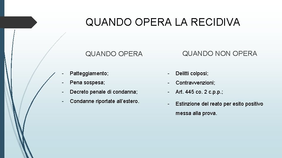 QUANDO OPERA LA RECIDIVA QUANDO NON OPERA QUANDO OPERA - Patteggiamento; - Delitti colposi;