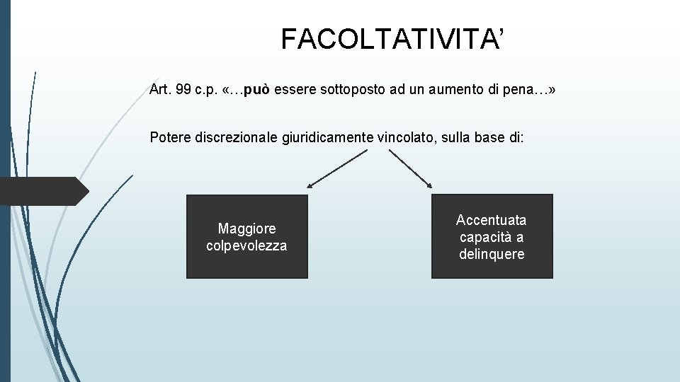 FACOLTATIVITA’ Art. 99 c. p. «…può essere sottoposto ad un aumento di pena…» Potere