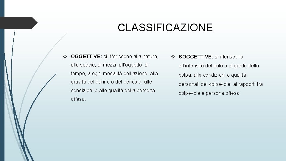 CLASSIFICAZIONE OGGETTIVE: si riferiscono alla natura, SOGGETTIVE: si riferiscono alla specie, ai mezzi, all’oggetto,