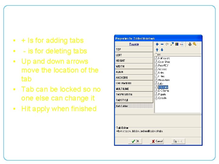 Tab Properties • + Is for adding tabs • - is for deleting tabs