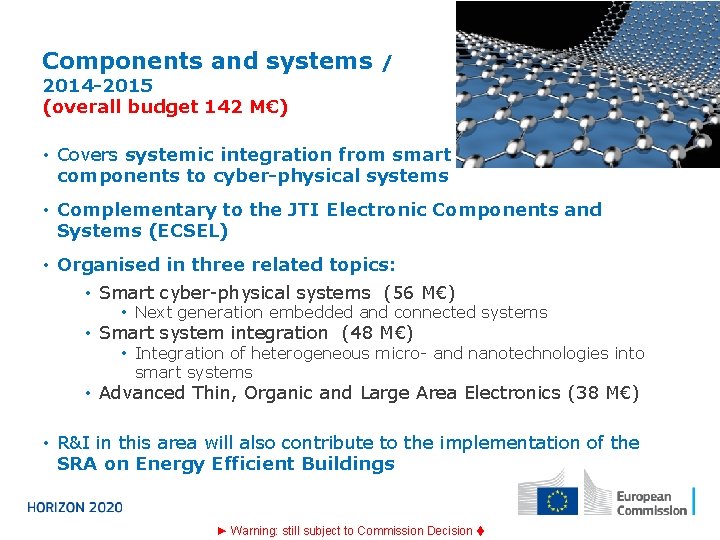 Components and systems / 2014 -2015 (overall budget 142 M€) • Covers systemic integration