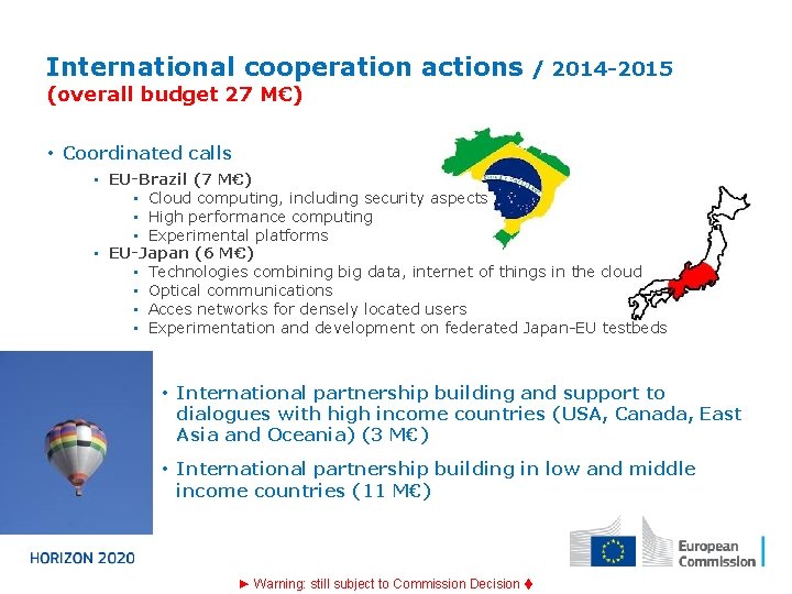 International cooperation actions / 2014 -2015 (overall budget 27 M€) • Coordinated calls •