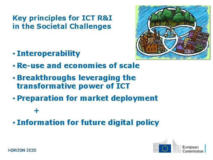 Key principles for ICT R&I in the Societal Challenges • Interoperability • Re-use and